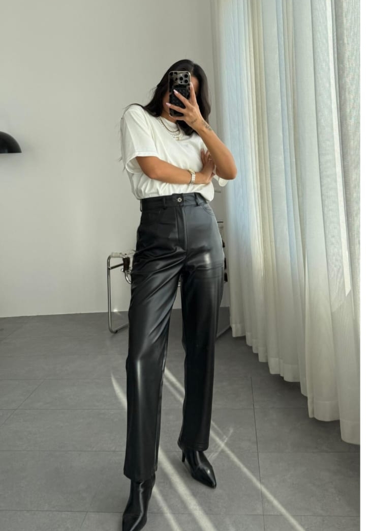 Mango Bayan Siyah Deri Pantolon